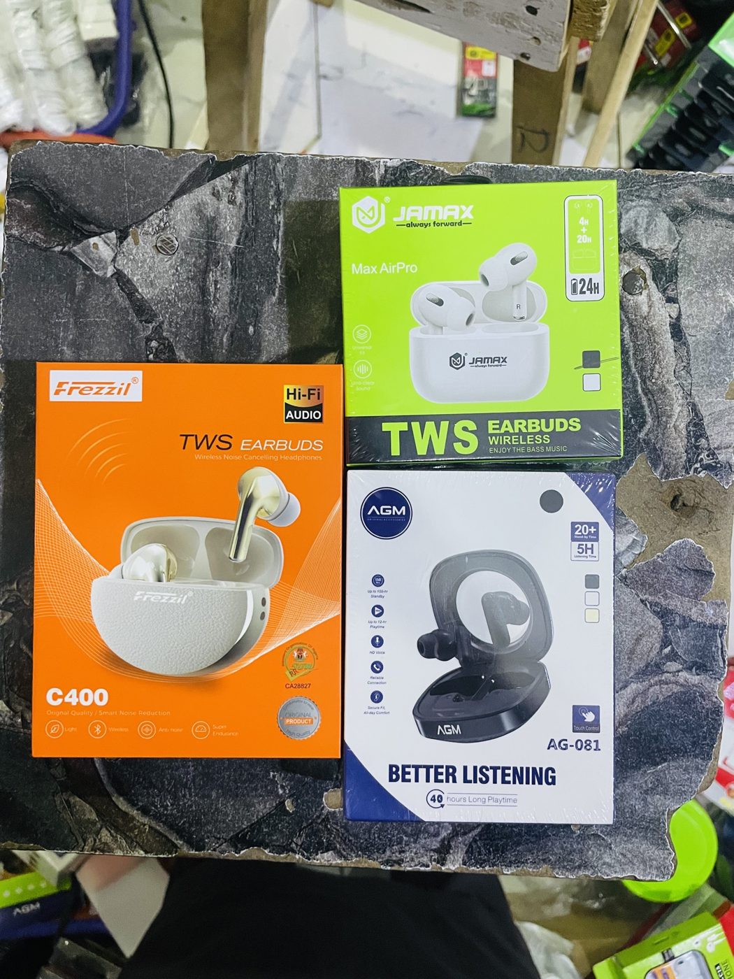 Frezzil C400, JAMAX Max AirPro, and AGM AG-081 TWS earbuds