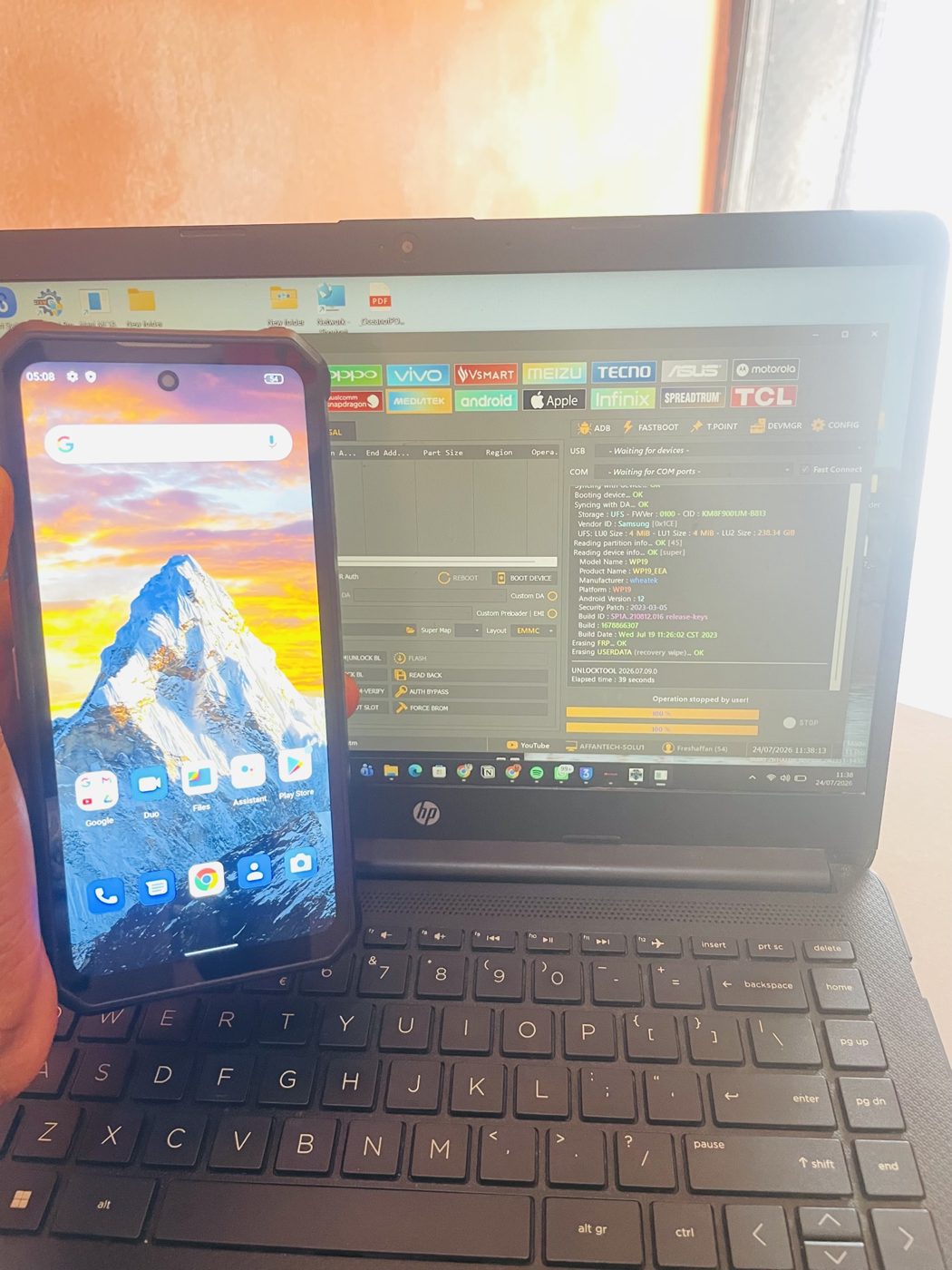Samsung phone flashing and FRP tools on the Affantech laptop