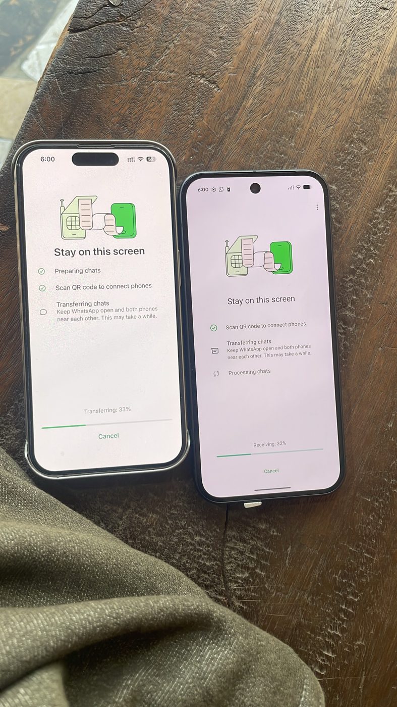 WhatsApp chat transfer between two phones on the Affantech bench